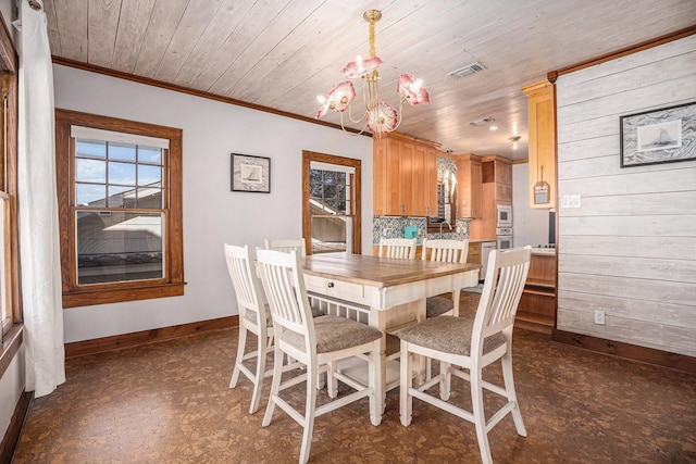 dining space featuring ornamental molding, wood ceiling, an inviting chandelier, and wood walls