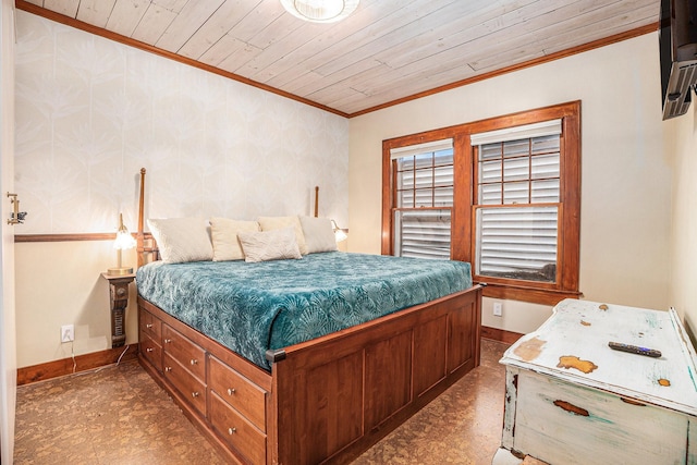 bedroom featuring crown molding and wooden ceiling