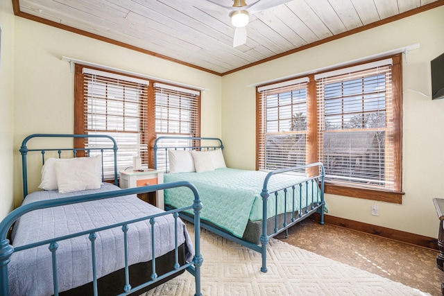 bedroom featuring crown molding, ceiling fan, carpet, and wooden ceiling