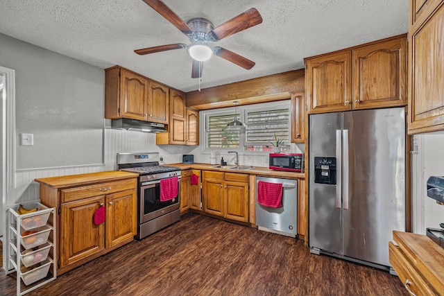 kitchen featuring sink, dark wood-type flooring, ceiling fan, appliances with stainless steel finishes, and a textured ceiling