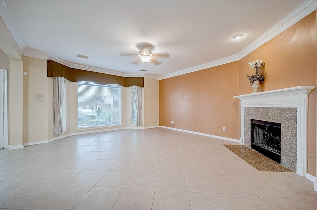 unfurnished living room featuring a tiled fireplace, crown molding, and light tile patterned floors