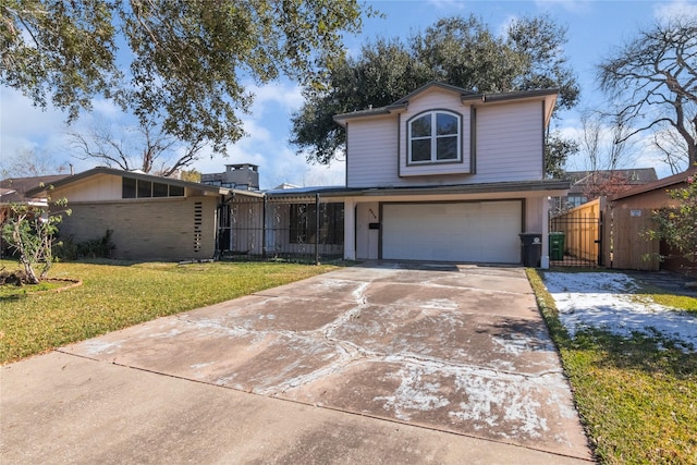 9219 Timberside Dr, Houston, TX 77025 - view of front of home with an attached garage, concrete driveway, a gate, and brick siding