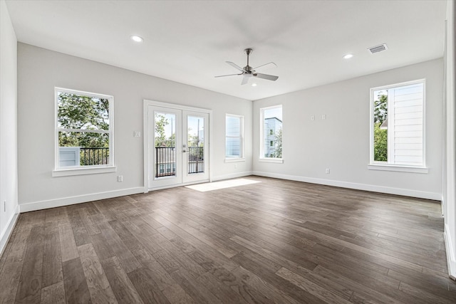 interior space featuring french doors, ceiling fan, and dark hardwood / wood-style floors