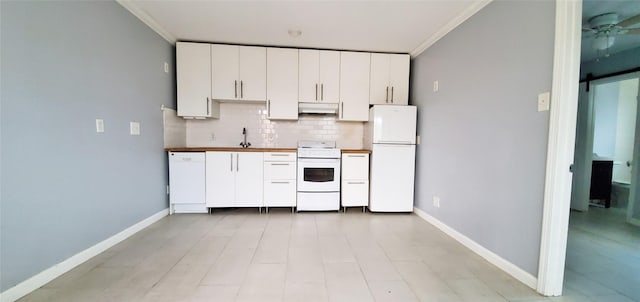 kitchen with sink, white appliances, backsplash, ornamental molding, and white cabinets