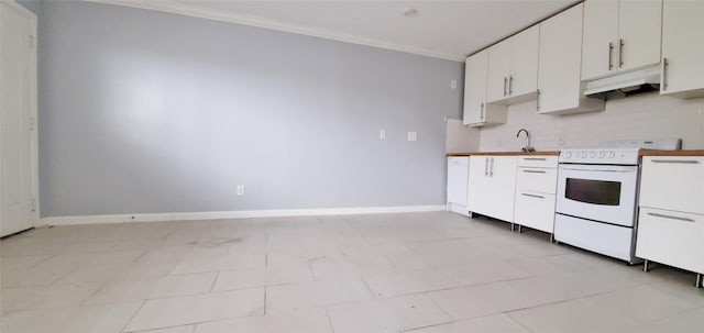 kitchen with white cabinetry, crown molding, light tile patterned flooring, and electric range