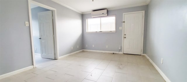 spare room featuring a wall mounted air conditioner and crown molding