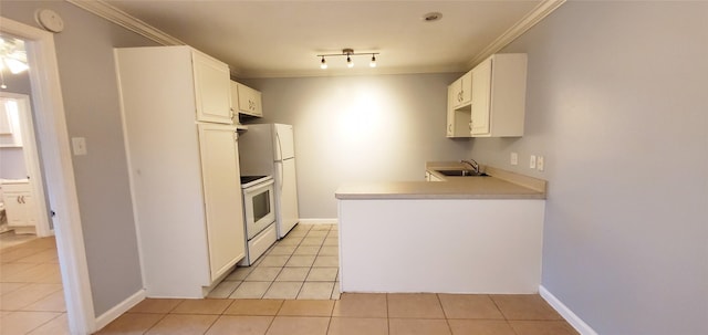 kitchen featuring sink, white cabinetry, light tile patterned floors, ornamental molding, and white appliances