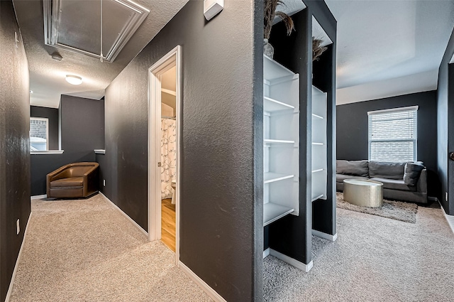 hallway featuring carpet, plenty of natural light, and a textured ceiling