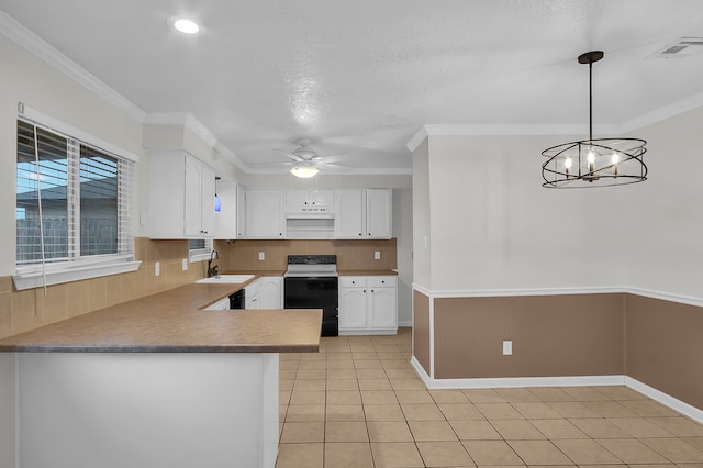 kitchen with sink, white range with electric cooktop, hanging light fixtures, white cabinets, and light tile patterned flooring