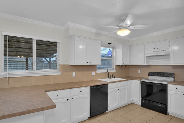 kitchen with electric range oven, tasteful backsplash, black dishwasher, sink, and white cabinets