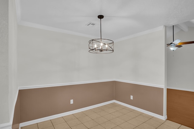 spare room with lofted ceiling with beams, ornamental molding, ceiling fan with notable chandelier, and light tile patterned floors