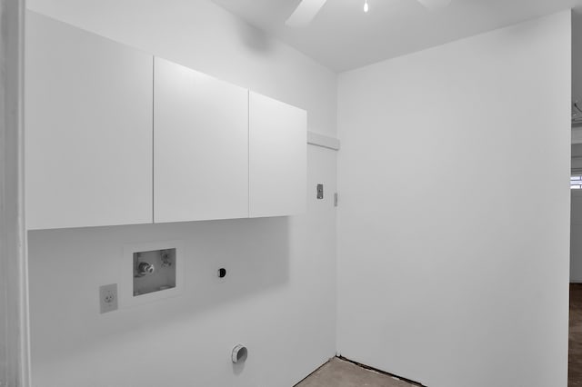 washroom featuring washer hookup, cabinets, ceiling fan, and hookup for an electric dryer