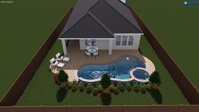 view of swimming pool with a patio area, a fenced backyard, and a pool with connected hot tub