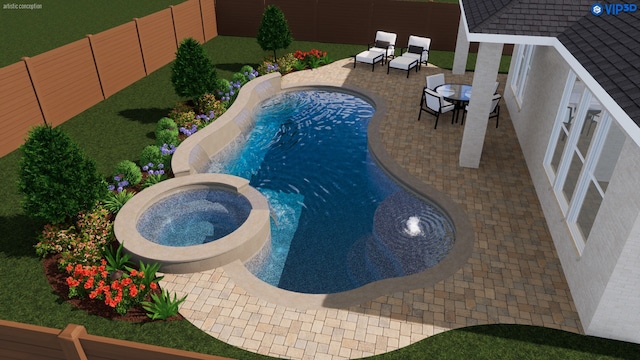 view of swimming pool featuring a patio, a fenced backyard, and a pool with connected hot tub