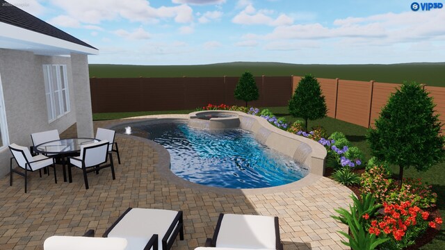 view of swimming pool featuring an in ground hot tub and a patio