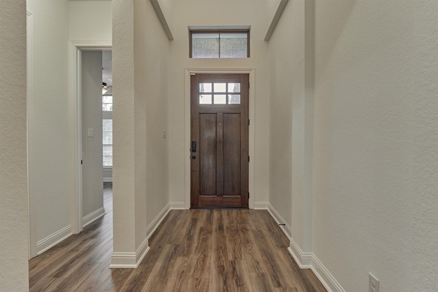 foyer featuring baseboards and dark wood-type flooring