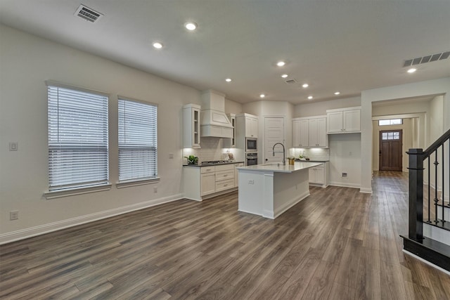 kitchen with sink, white cabinetry, stainless steel appliances, tasteful backsplash, and a center island with sink