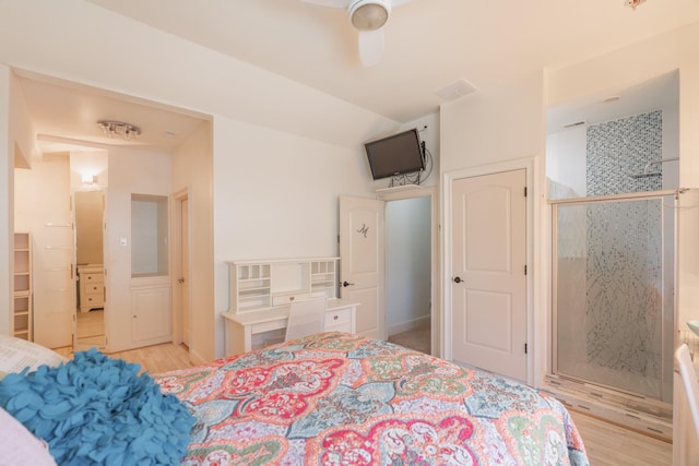 bedroom with light wood-type flooring and ceiling fan