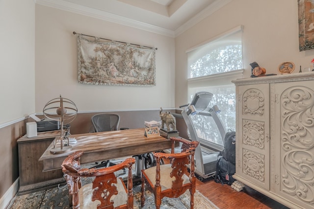 office featuring ornamental molding and hardwood / wood-style floors