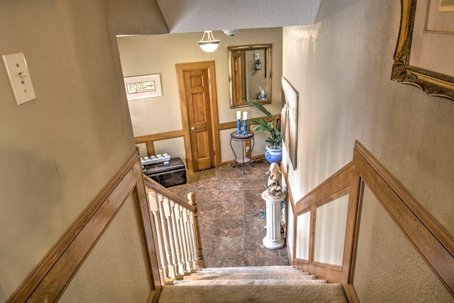 stairway featuring carpet floors