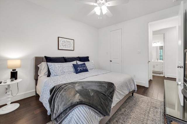 bedroom with dark wood-type flooring and ceiling fan