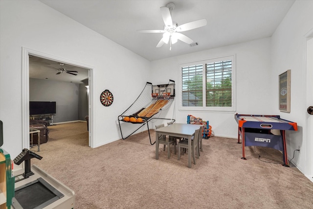 playroom featuring ceiling fan and carpet flooring