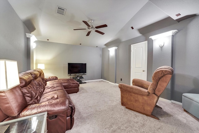 carpeted living room featuring lofted ceiling and ceiling fan