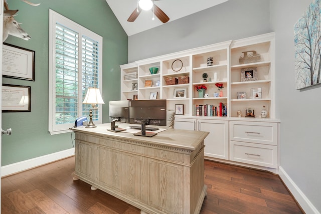 home office with dark hardwood / wood-style flooring, vaulted ceiling, and ceiling fan