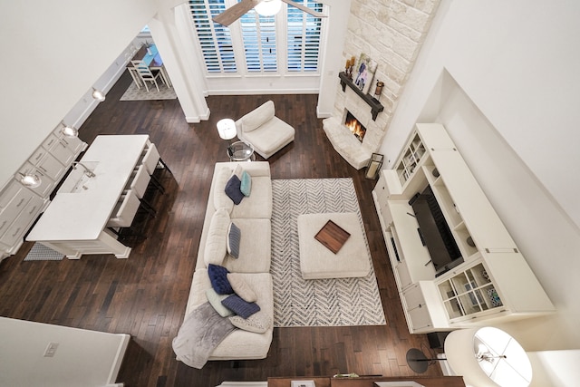 living room with a high ceiling, a stone fireplace, and dark wood-type flooring