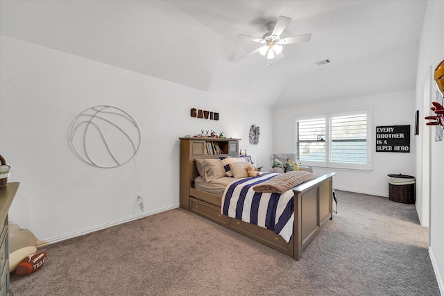 bedroom featuring lofted ceiling, light carpet, and ceiling fan