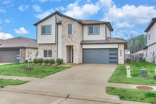 view of front of home featuring cooling unit, brick siding, fence, driveway, and a front lawn