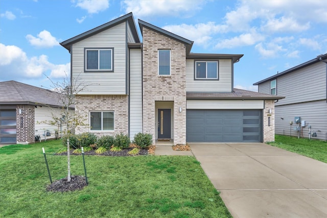 view of front of house featuring a garage, concrete driveway, brick siding, and a front lawn