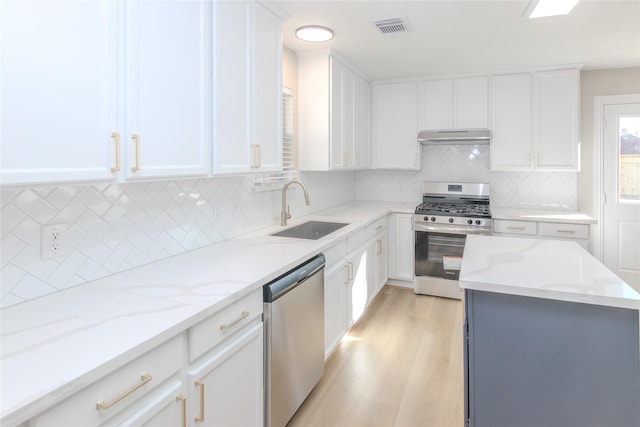 kitchen with appliances with stainless steel finishes, white cabinetry, sink, backsplash, and light stone countertops