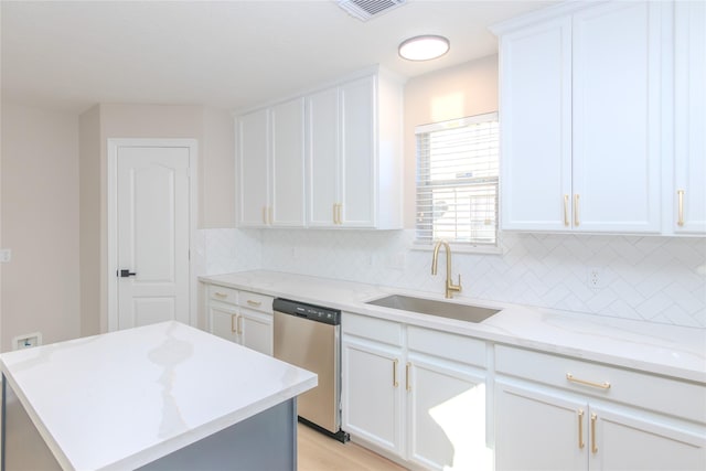 kitchen with sink, white cabinets, a kitchen island, decorative backsplash, and stainless steel dishwasher