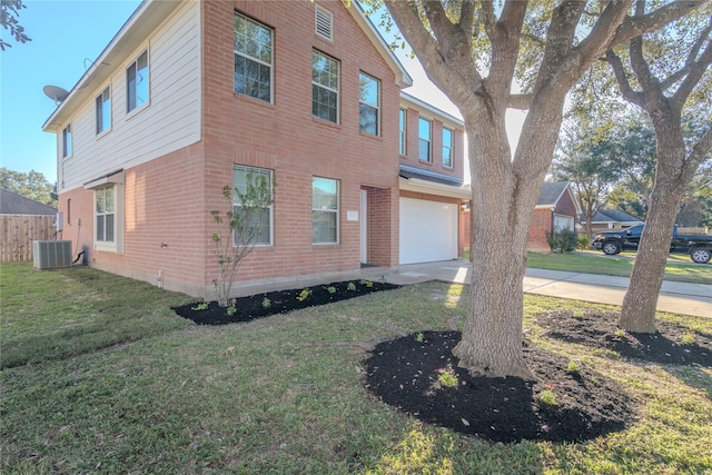 view of property exterior with cooling unit, a garage, and a yard