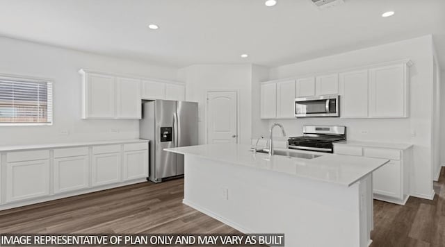 kitchen with sink, dark wood-type flooring, appliances with stainless steel finishes, white cabinetry, and an island with sink