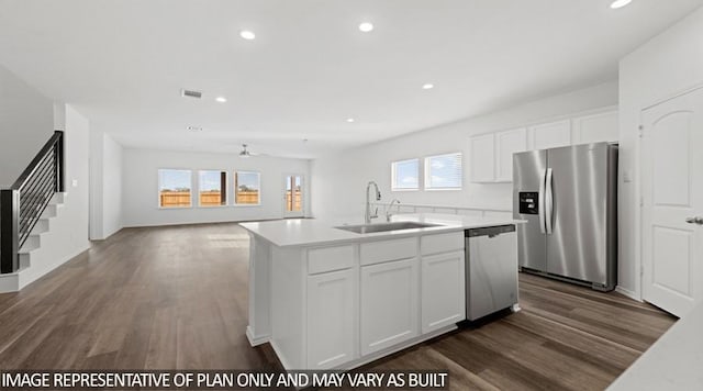 kitchen featuring white cabinetry, an island with sink, stainless steel appliances, and sink