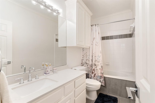 full bathroom featuring shower / bath combo, tile patterned flooring, vanity, ornamental molding, and toilet