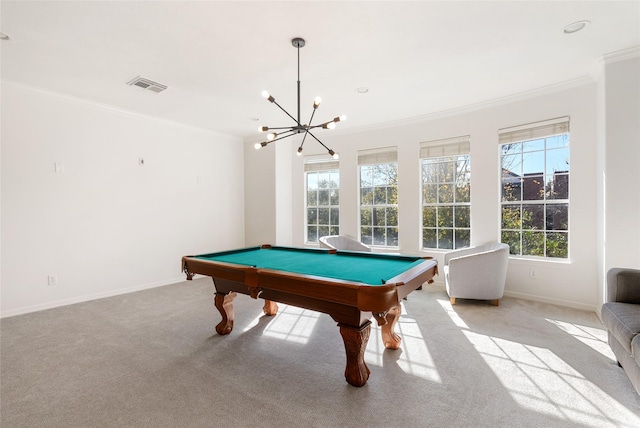 recreation room with an inviting chandelier, light colored carpet, ornamental molding, and pool table