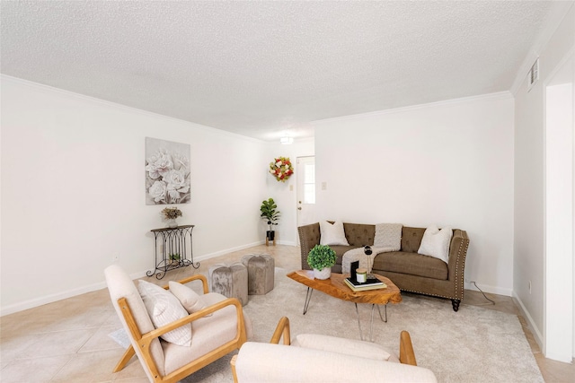 living room featuring light tile patterned floors, crown molding, and a textured ceiling