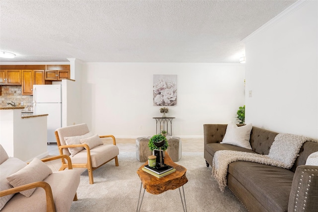 living room featuring ornamental molding and a textured ceiling