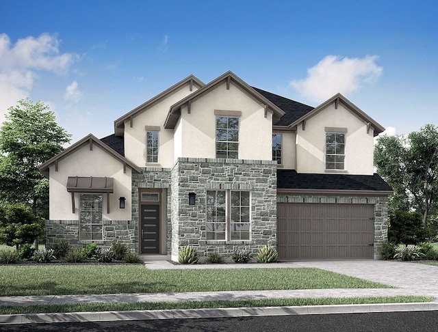 view of front of home featuring a garage, decorative driveway, stone siding, and stucco siding