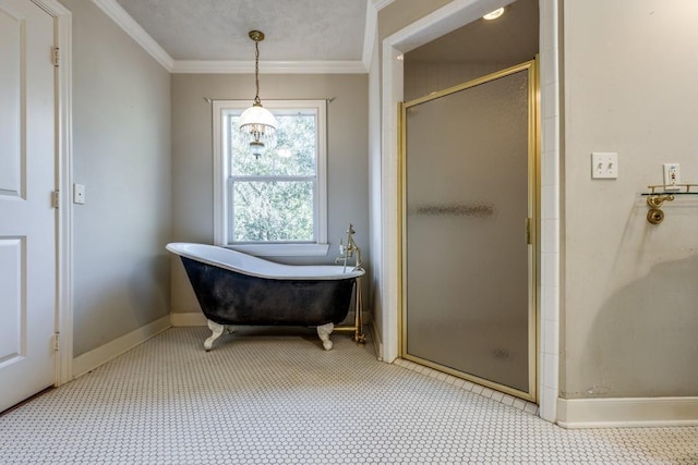 bathroom with independent shower and bath and ornamental molding