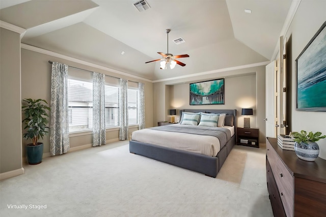 bedroom with lofted ceiling, ornamental molding, ceiling fan, a raised ceiling, and light carpet