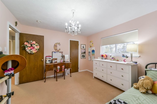 bedroom featuring light carpet, baseboards, and an inviting chandelier