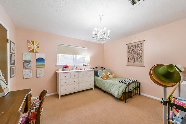 bedroom featuring baseboards, visible vents, and light colored carpet