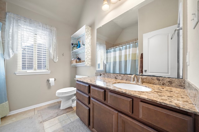 bathroom with lofted ceiling, vanity, a shower with curtain, tile patterned floors, and toilet