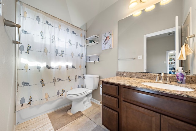 full bathroom with lofted ceiling, toilet, vanity, shower / bathtub combination with curtain, and tile patterned flooring