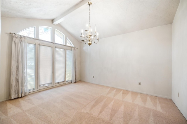 carpeted spare room with a chandelier, a textured ceiling, and vaulted ceiling with beams