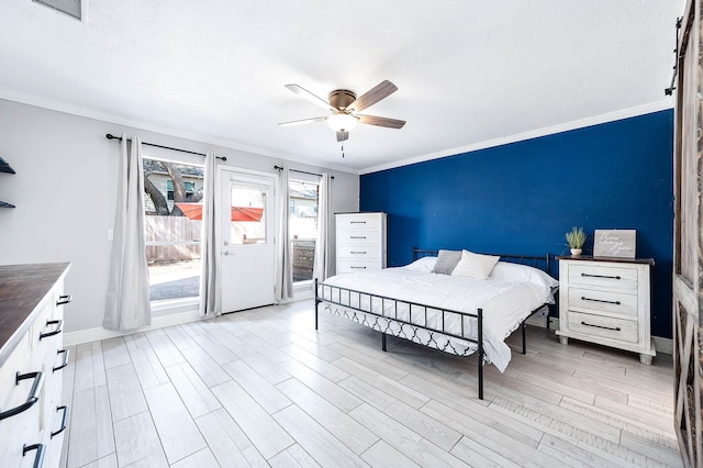 bedroom with ceiling fan, ornamental molding, and light wood-type flooring